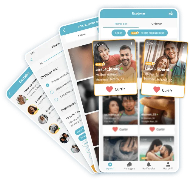 Telas do app Ysos: explorar, chat e filtros
